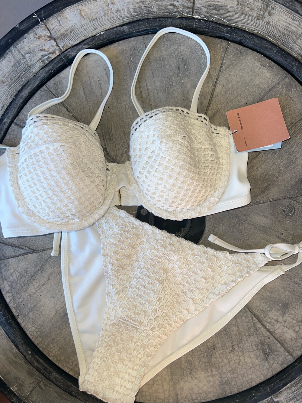 Textured Cream Push-Up Bikini Top and Tie-Side Bottoms. B41/12